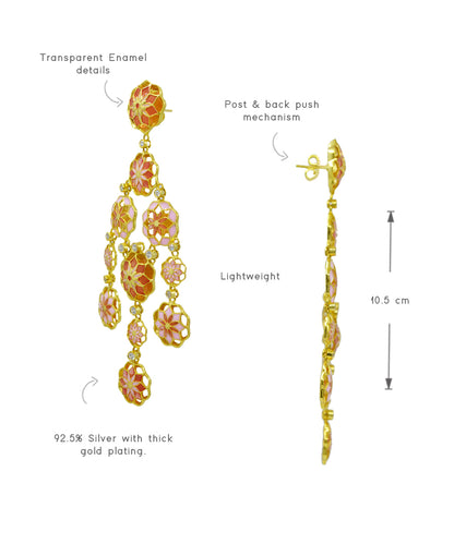 Gul Phool Earrings - Pastel Pink and Orange Enamel -Light Weight - Statement Flower Jewelry