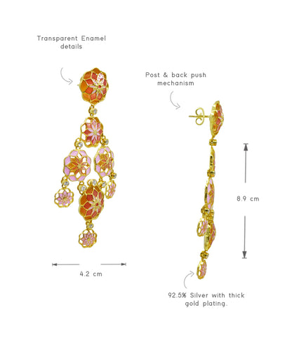 Gul Phool Earrings Dainty - Pastel Pink and Orange Enamel -Light Weight - Statement Flower Jewelry