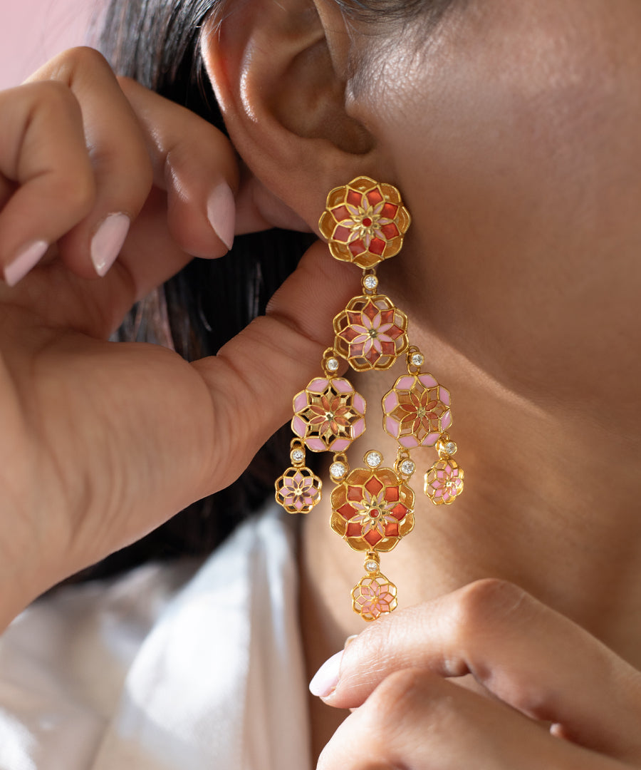 Gul Phool Earrings Dainty - Pastel Pink and Orange Enamel -Light Weight - Statement Flower Jewelry