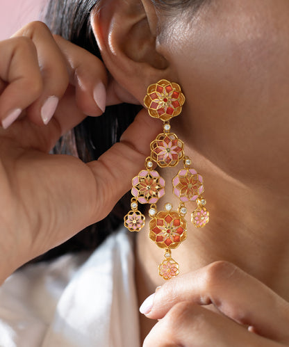 Gul Phool Earrings Dainty - Pastel Pink and Orange Enamel -Light Weight - Statement Flower Jewelry