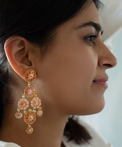 Gul Phool Earrings Dainty - Pastel Pink and Orange Enamel -Light Weight - Statement Flower Jewelry