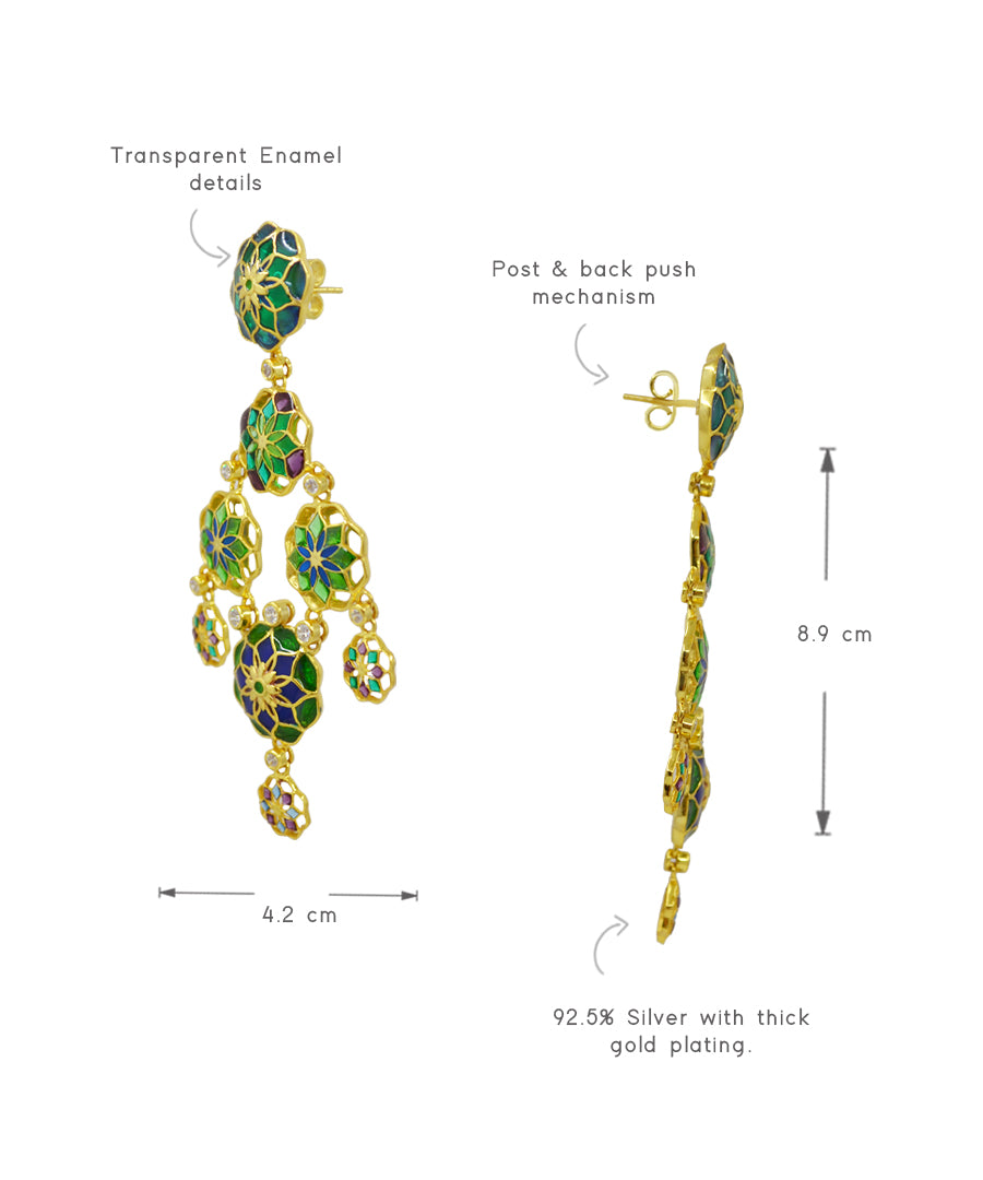 Gul Phool Earrings Dainty - Green and Blue Enamel -Light Weight - Statement Flower Jewelry