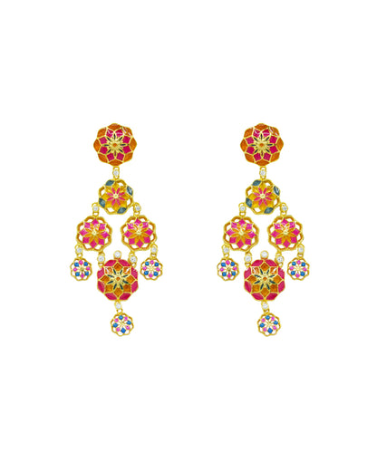 Gul Phool Earrings Small - Pink and Orange Enamel -Light Weight - Statement Flower Jewelry