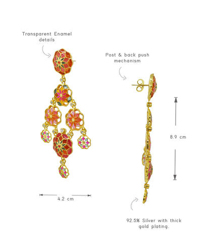 Gul Phool Earrings Dainty - Pink and Orange Enamel -Light Weight - Statement Flower Jewelry