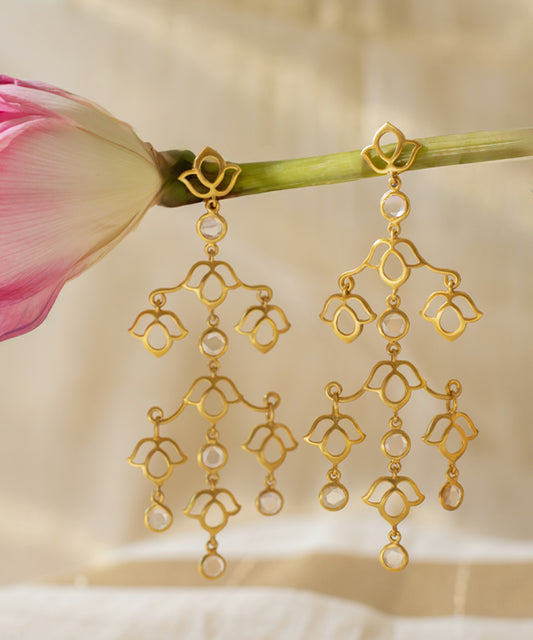 Aks Lotus Handmade Dangling Polki Earrings- Golden Matt Finish Flower Jewellery