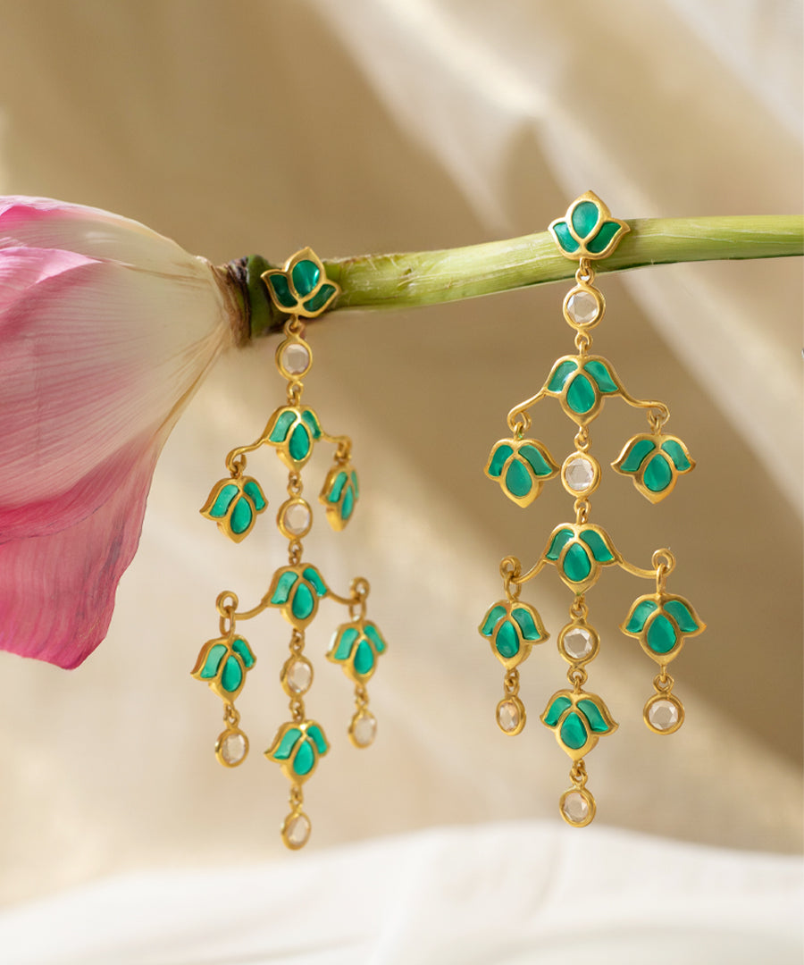Aks Lotus Handmade Padma Earrings Green Enamel Flower Jewelry