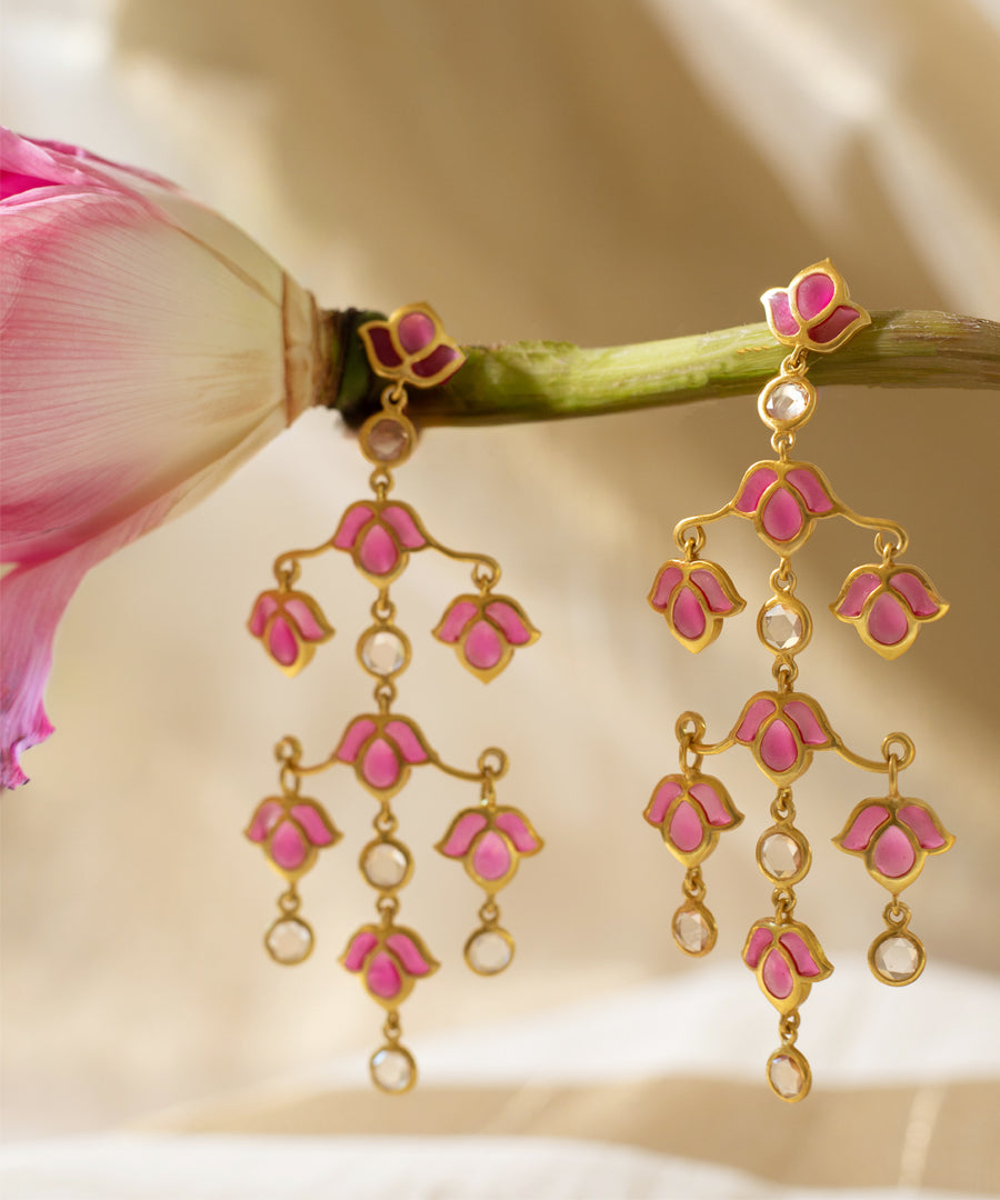 Aks Lotus Handmade Dangling Polki Earrings- Pink Meenakari Flower Jewellery