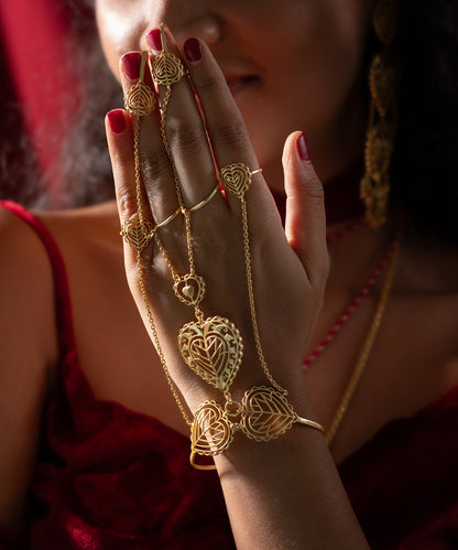 Rakaan - Hathphool Bracelet - Boho Statement Jewellery - Gold Plated - Heart Motif - Four Finger Hand Harness