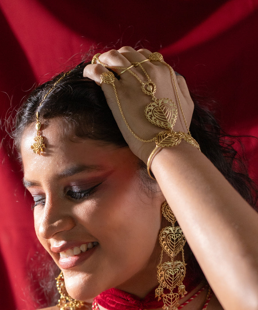 Rakaan - Hathphool Bracelet - Boho Statement Jewellery - Gold Plated - Heart Motif - Four Finger Hand Harness