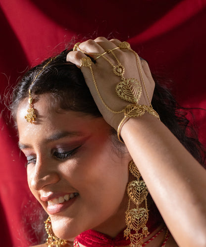 Rakaan - Hathphool Bracelet - Boho Statement Jewellery - Gold Plated - Heart Motif - Four Finger Hand Harness