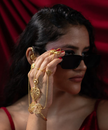 Rakaan - Hathphool Bracelet - Boho Statement Jewellery - Gold Plated - Heart Motif - Four Finger Hand Harness