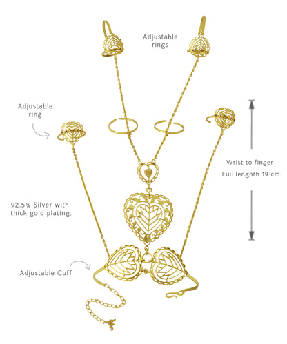 Rakaan - Hathphool Bracelet - Boho Statement Jewellery - Gold Plated - Heart Motif - Four Finger Hand Harness