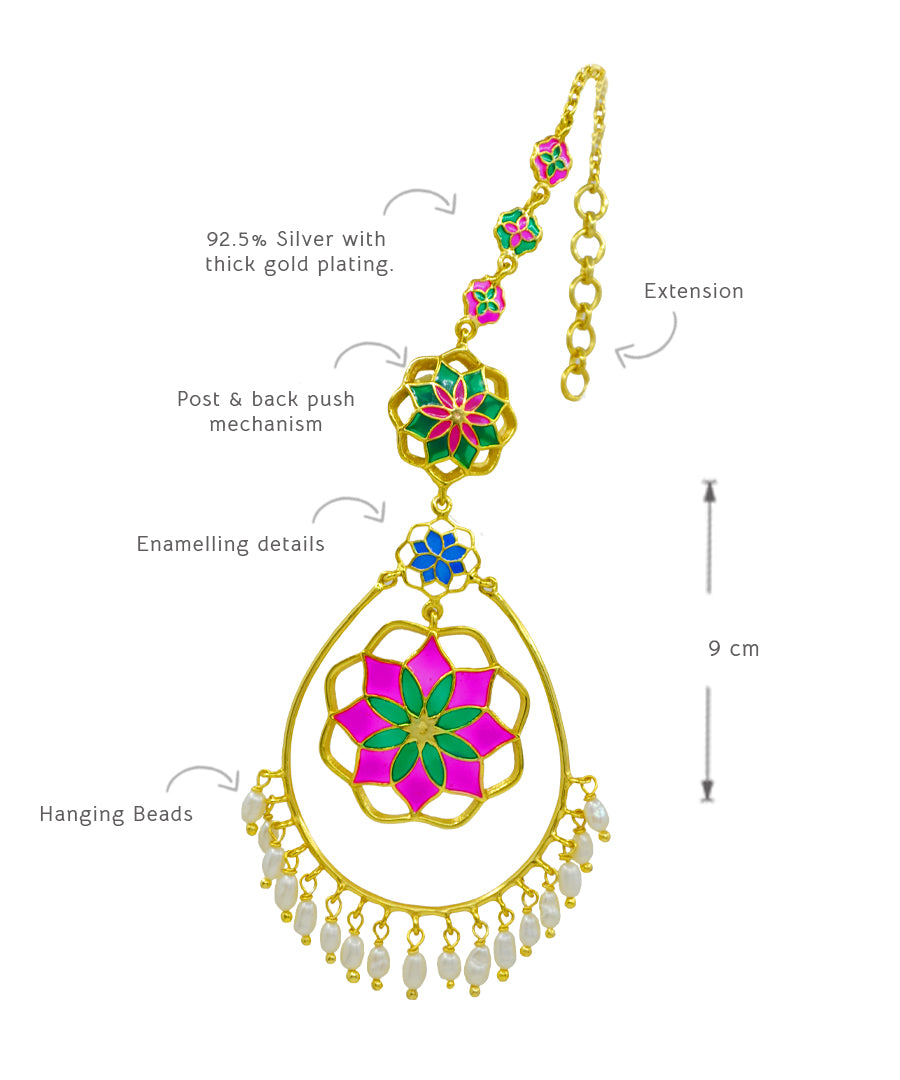 Gul Roja Chandbali Earrings - Hot Pink and Emerald Green - Meenakari Enamel with Pearls