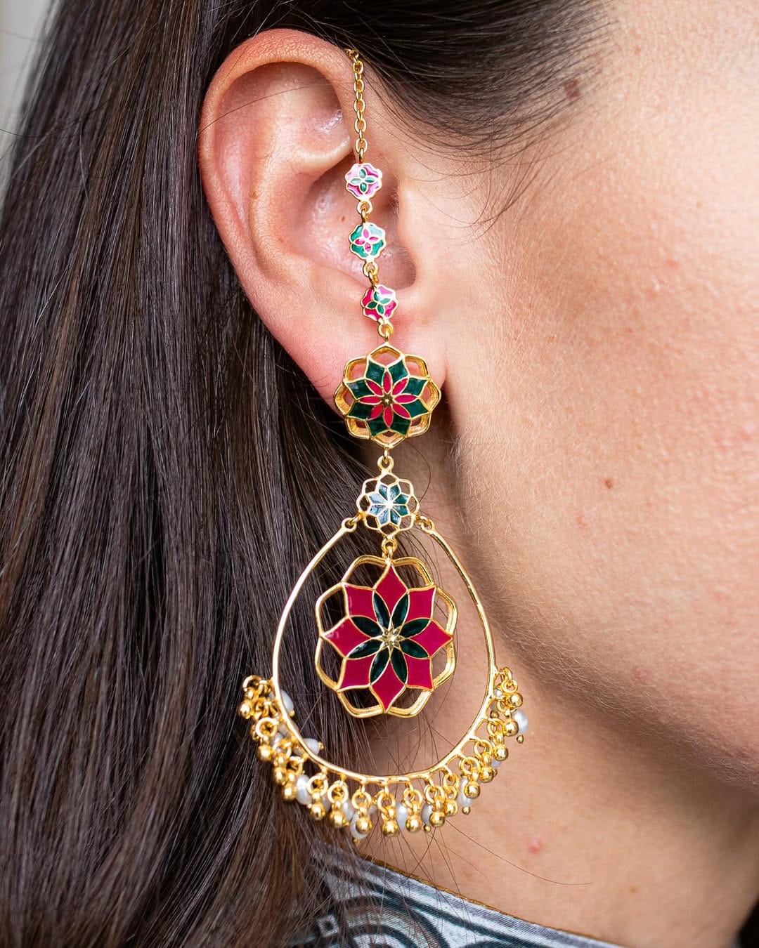 Gul Roja Chandbali Earrings - Hot Pink and Emerald Green - Meenakari Enamel with Pearls