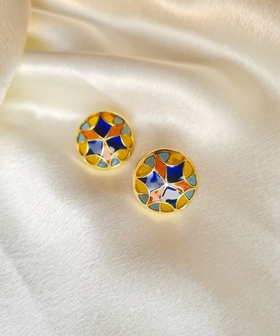 Aqua Blue Golden Kaleidoscope Stud Earrings Small