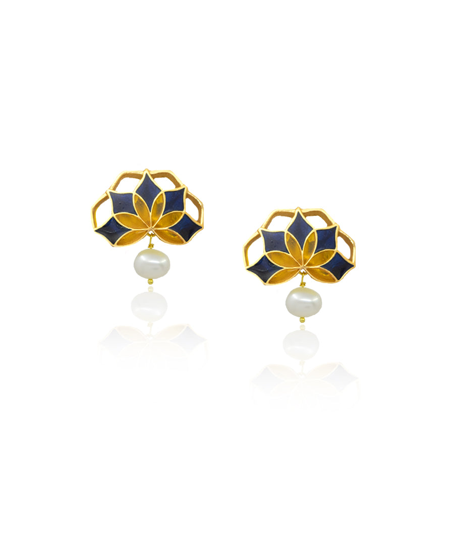 Gul Stud Earrings with Pearl - Deep Blue and Yellow Meenakari Enamel