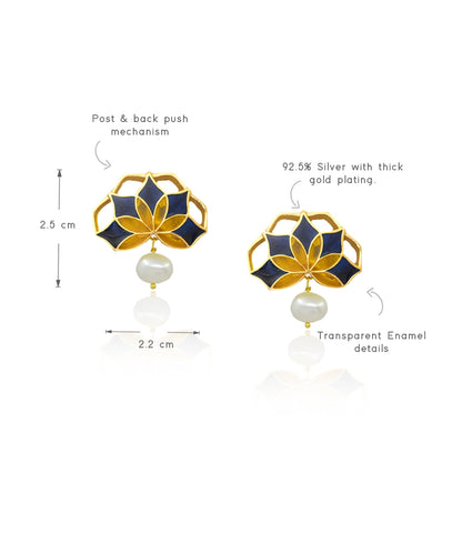 Gul Stud Earrings with Pearl - Deep Blue and Yellow Meenakari Enamel