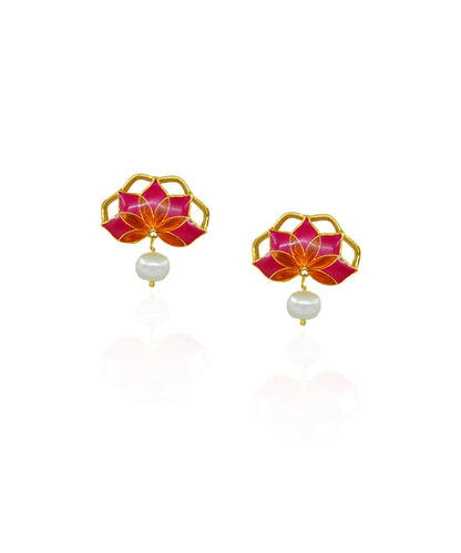Gul Stud Earrings with Pearl - Hot Pink and Orange Meenakari Enamel