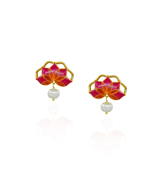 Gul Stud Earrings with Pearl - Hot Pink and Orange Meenakari Enamel