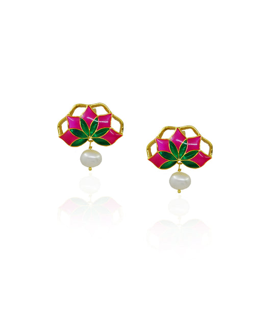 Gul Stud Earrings with Pearl - Hot Pink and Green Meenakari Enamel