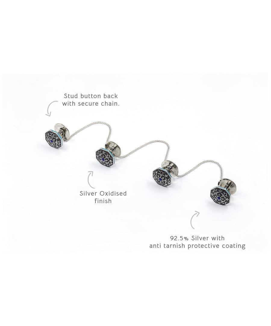Goonj Stud Earrings with Goonj Isar Kurta Buttons - Gift Box For Him and Her - Sterling Silver in Oxide Finish