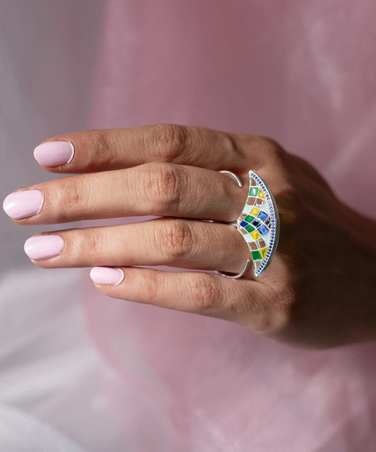 Ruyah Blue Enameled Two Finger Adjustable Ring - Tarnishfree Ring