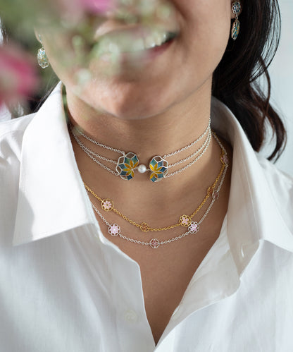 Gul Choker Necklace with Pearl- Turquoise Blue and Yellow Enamel - Adjustable Chain
