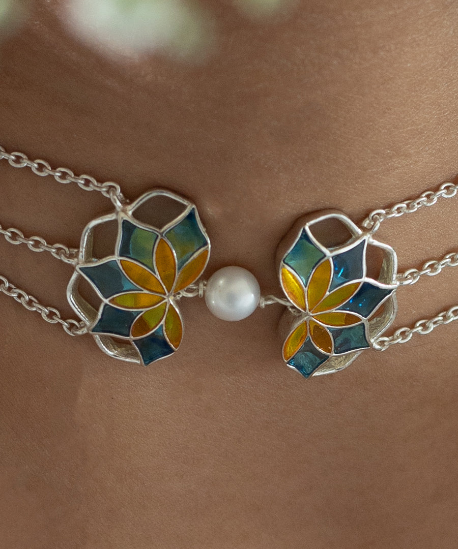 Gul Choker Necklace with Pearl- Turquoise Blue and Yellow Enamel - Adjustable Chain