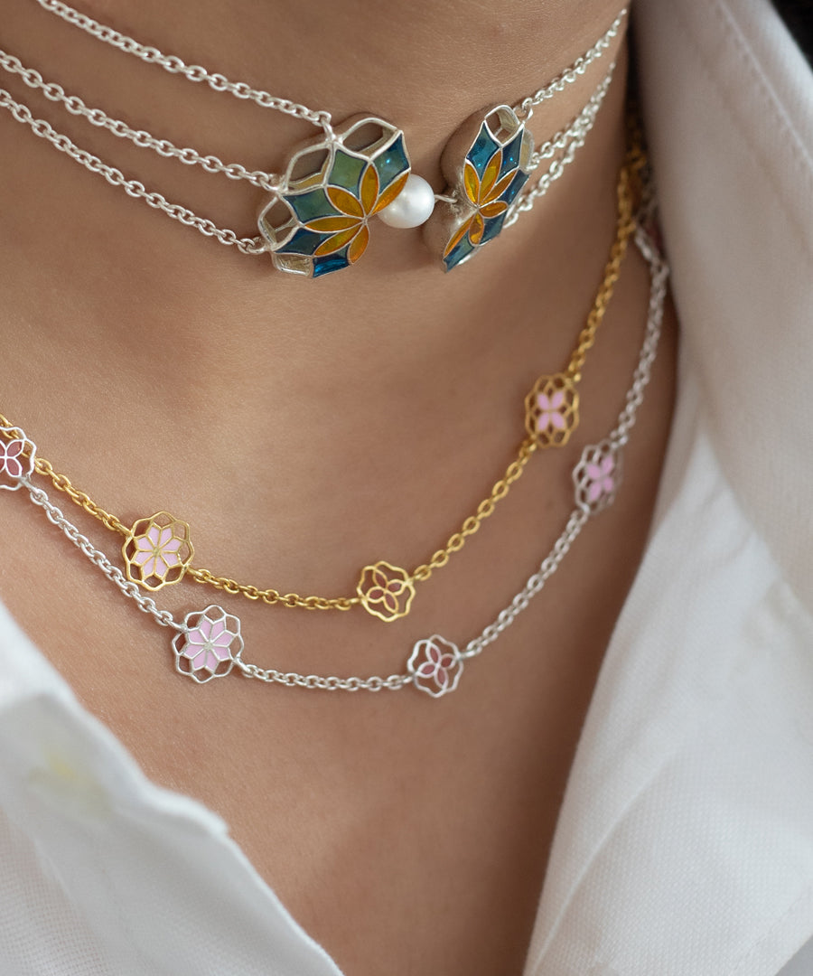 Gul Choker Necklace with Pearl- Turquoise Blue and Yellow Enamel - Adjustable Chain