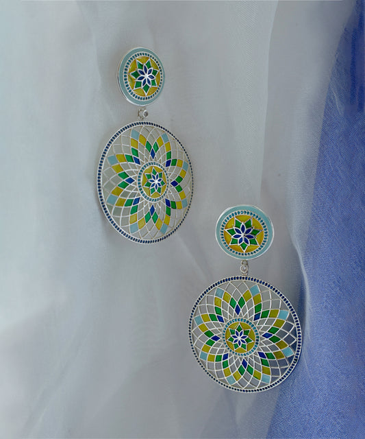 Ruyah Handcrafted Green Enamel Long Danglers - Radial Pattern Floral Earrings - Tarnish-free Jewellery