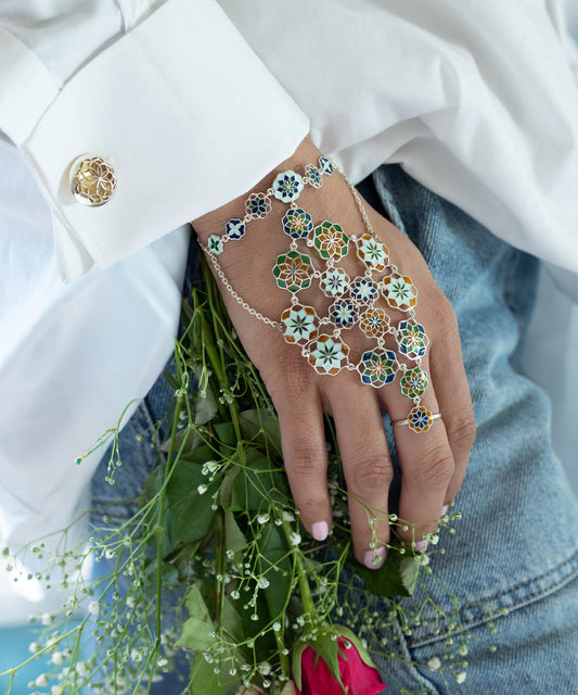 Gul Frosty Blue Zuhuur Hathphool Bracelet –  Pastel Blue Meenakari Enamel - Tarnishfree - Flower Hand Jewelry