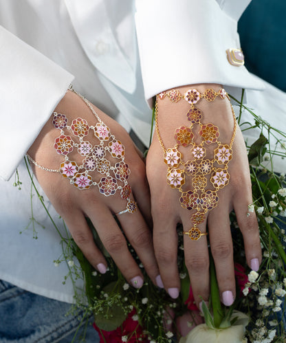 Gul Cotton Candy Zuhuur Hathphool Bracelet – Pink Meenakari Enamel - Tarnishfree - Flower Hand Jewelry