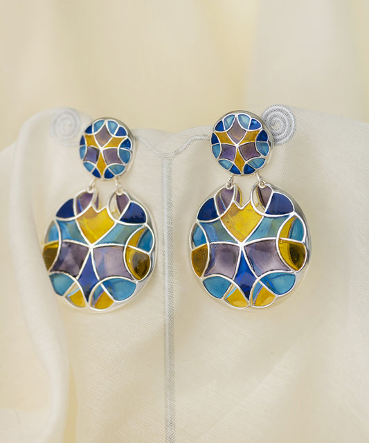 A pair of blue enamel earrings. Multicolor earring made with 92.5% sterling silver.