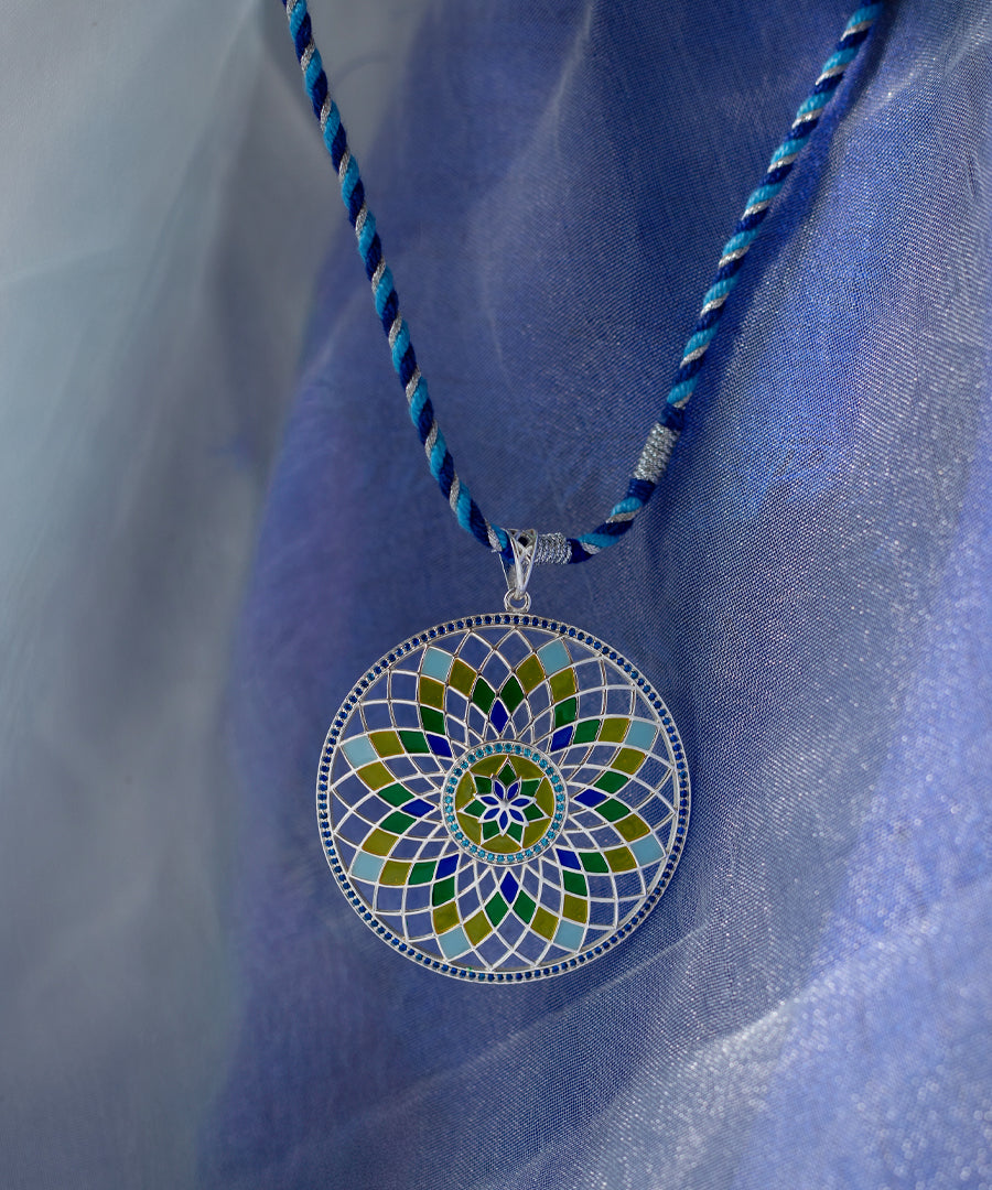 Ruyah Blue Enamel Long Pendant - Delicate Statement Floral Jewellery - Handmade Woven String - Tarnish-free Jewellery
