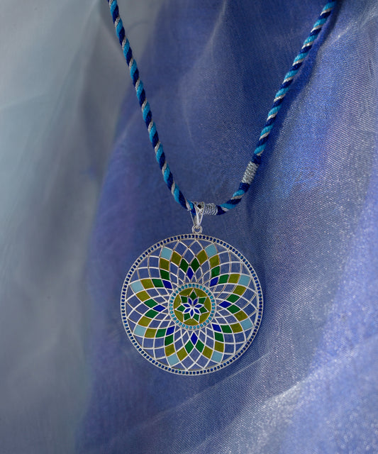 Ruyah Blue Enamel Long Pendant - Delicate Statement Floral Jewellery - Handmade Woven String - Tarnish-free Jewellery