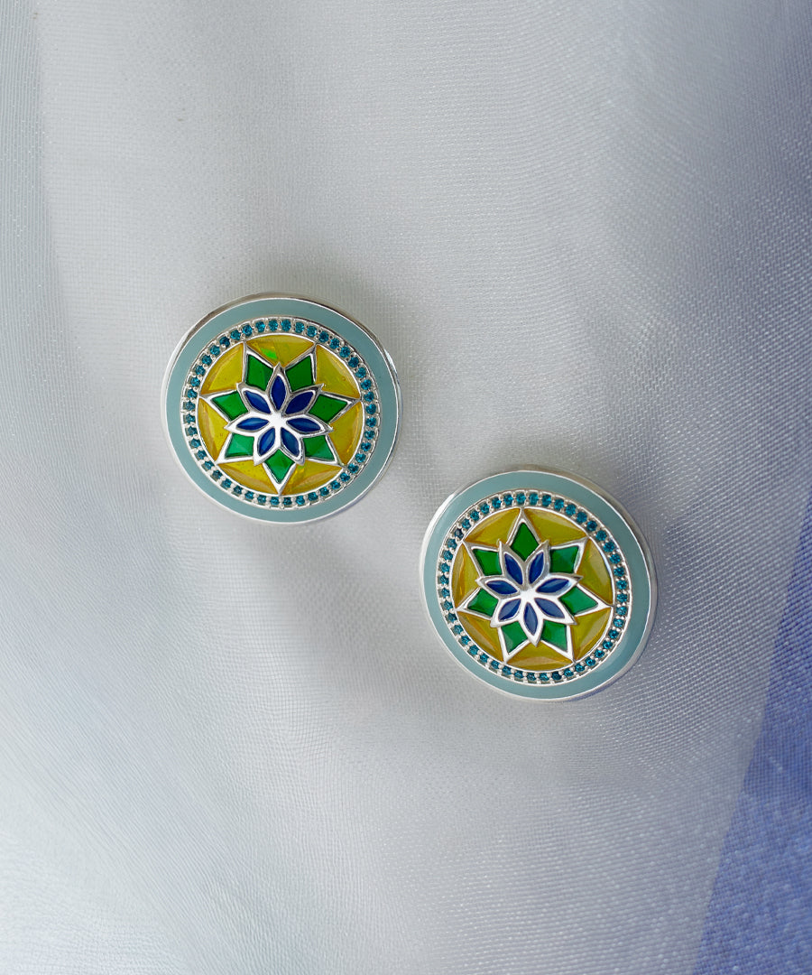 Ruyah Handcrafted Blue Enamel Studs - Radial Pattern Floral Stud Earrings - Tarnish-free Jewellery