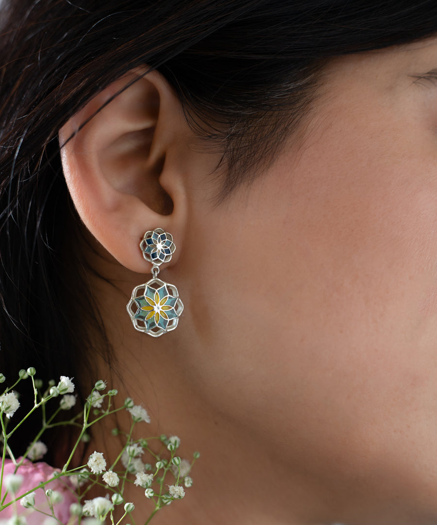 Gul Small Dainty 2 Charm Earrings - Blue Enamel - Silver-Light Weight - Statement Flower Jewelry