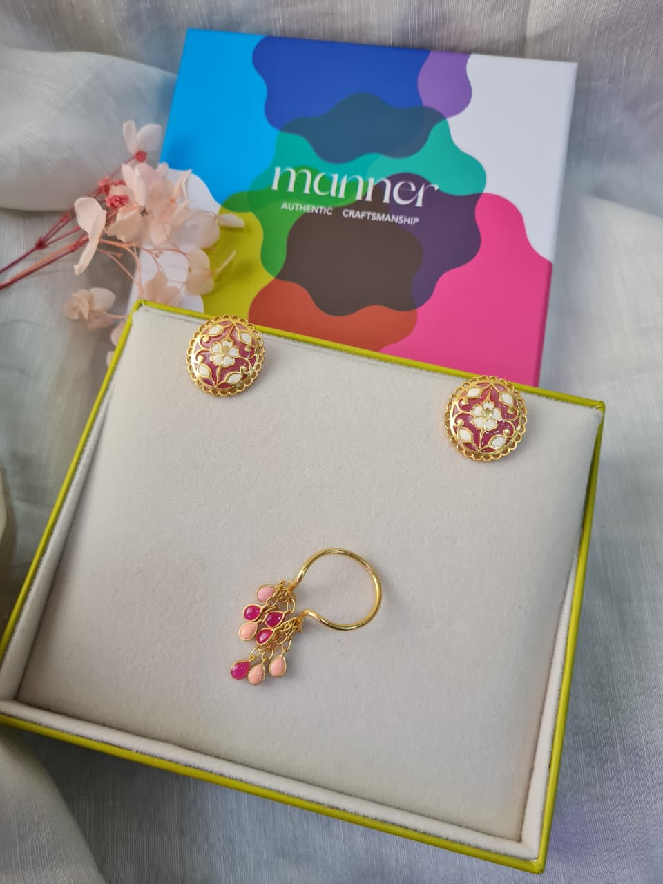 Feroza Seerat Stud Earrings With Feroza Bani Drop Ring - Gift Box For Women - Sterling Silver