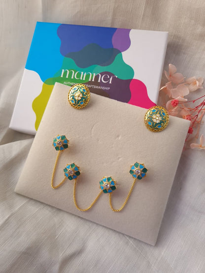 Feroza Stud Earrings with Rajwada Kurta Buttons - Gift Box For Him and Her - Sterling Silver - Goldplated