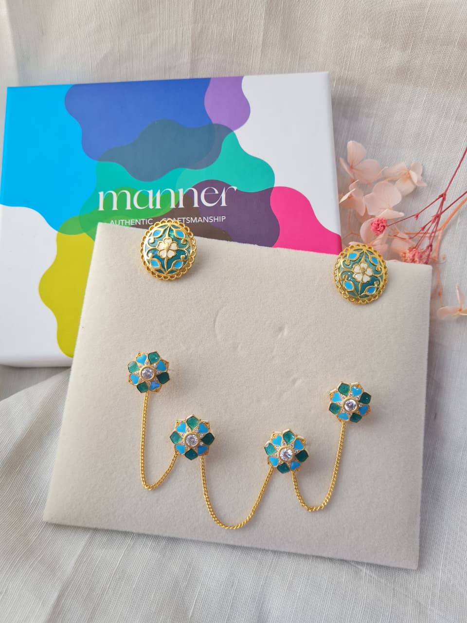 Feroza Stud Earrings with Rajwada Kurta Buttons - Gift Box For Him and Her - Sterling Silver - Goldplated