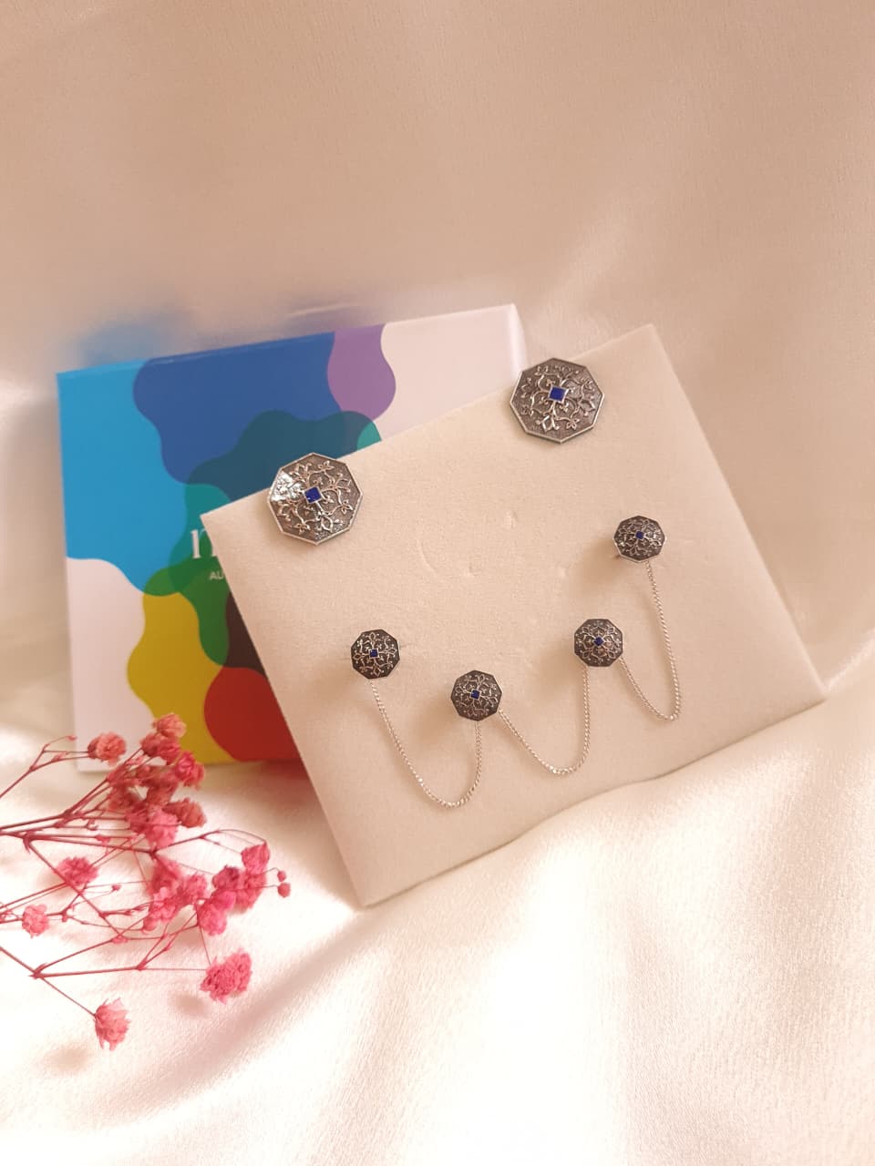 Goonj Stud Earrings with Goonj Isar Kurta Buttons - Gift Box For Him and Her - Sterling Silver in Oxide Finish