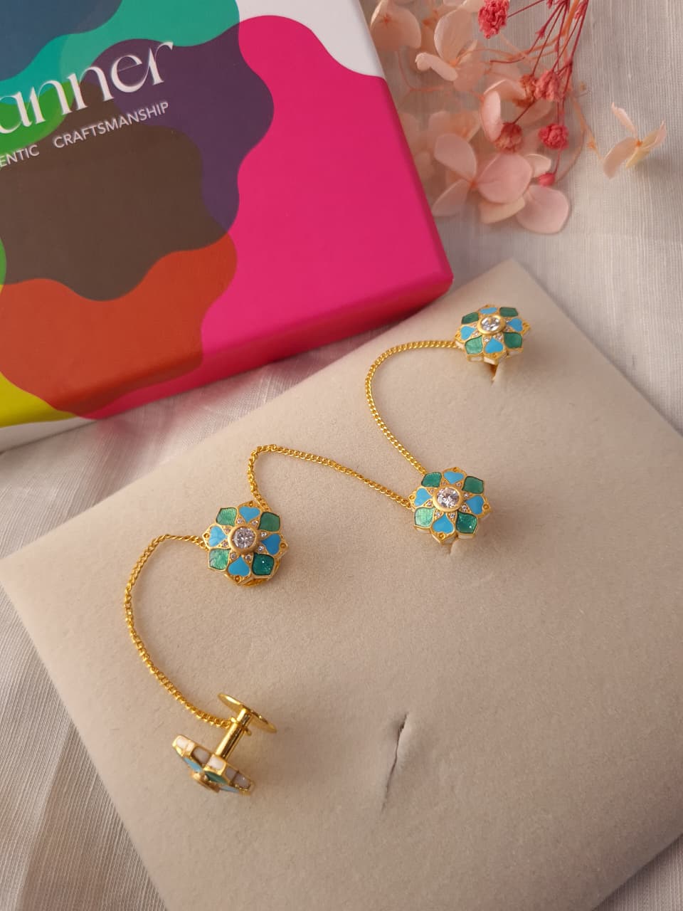 Feroza Stud Earrings with Rajwada Kurta Buttons - Gift Box For Him and Her - Sterling Silver - Goldplated