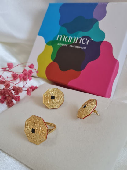 Goonj Stud Earrings with Goonj Tibari Binti Ring - Gift Box for Him and Her - Sterling Silver in Gold Finish