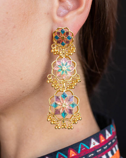 Pastel Dreams Gul Shigoofa Dangle Earrings with Gunghroo- Gold Plated - Transparent Meenakari Enamel