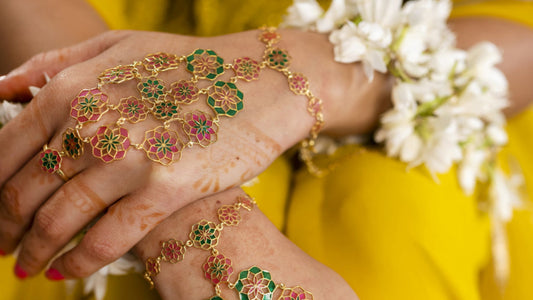 Gul bridal jewellery set — transparent Meenakari enamel 925 silver flowers for haldi and mehndi