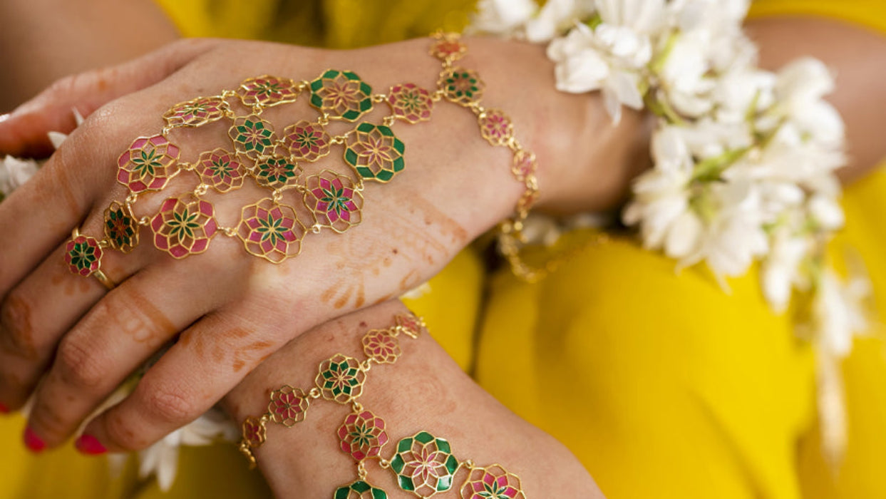 Gul bridal jewellery set — transparent Meenakari enamel 925 silver flowers for haldi and mehndi
